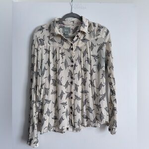 Maeve Cream and Black Bird Print Button Down Shirt